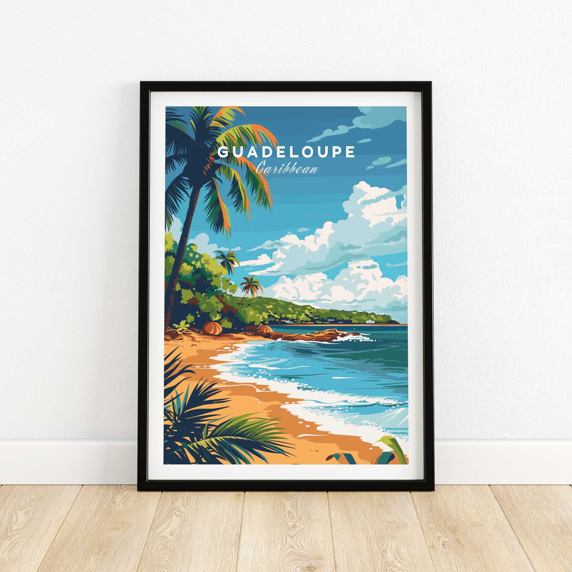 Guadeloupe travel poster print featuring vibrant beach scenery and tropical palm trees.