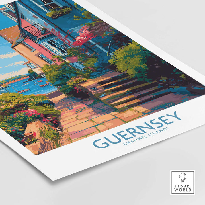 Guernsey Poster - Channel Islands Art Print | Harbour View showcasing a vibrant coastal scene with colorful houses and blooming flowers.