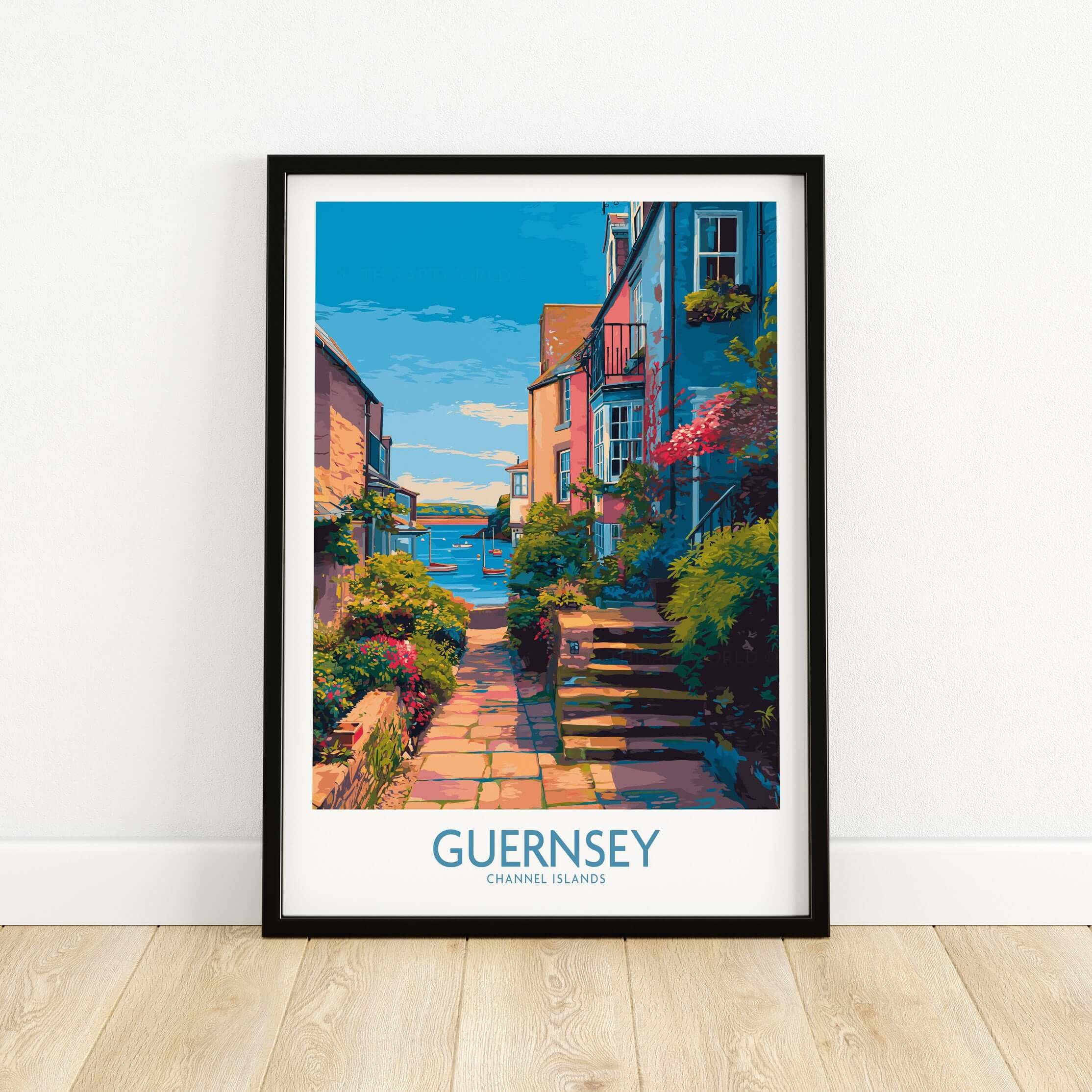 Guernsey Poster - Channel Islands Art Print | Harbour View framed on a wall with vibrant colors and a charming harbor scene.