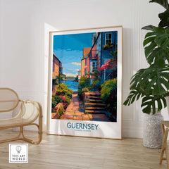 Guernsey Poster - Channel Islands Art Print | Harbour View displayed in a stylish interior with greenery.