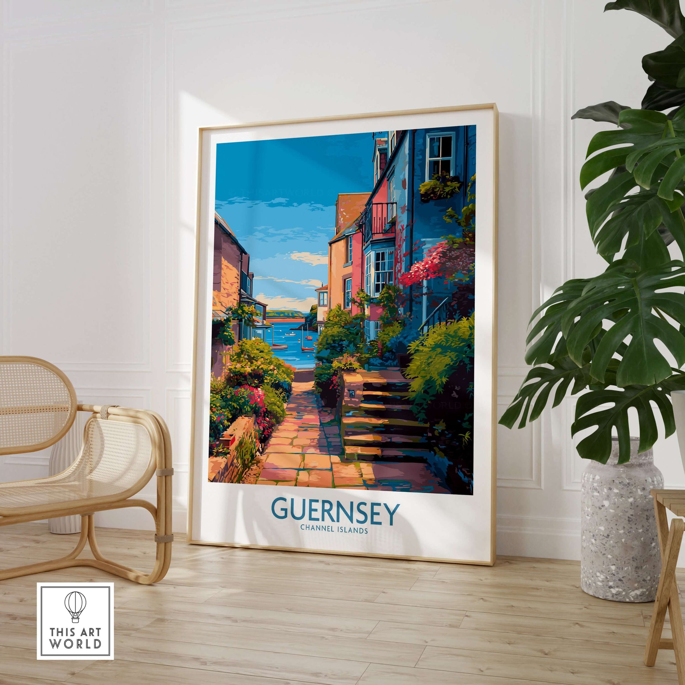 Guernsey Poster - Channel Islands Art Print | Harbour View displayed in a stylish interior with greenery.