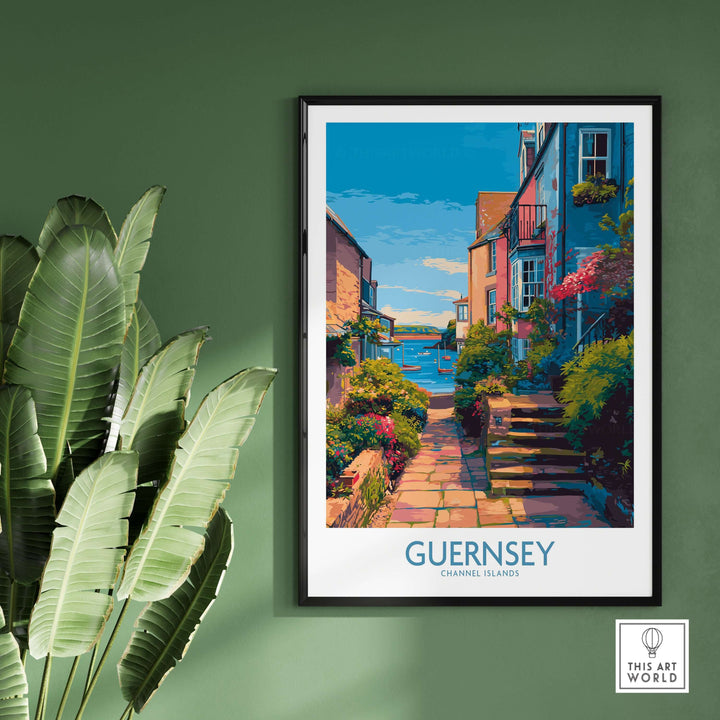 Guernsey Poster - Channel Islands Art Print | Harbour View framed on a wall with tropical plants in foreground.