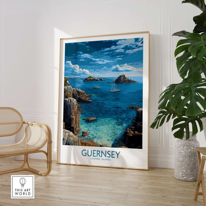 Guernsey Print Channel Islands Coast Art | Rocky Shore Sailing Poster featuring a sailboat in scenic coastal waters.
