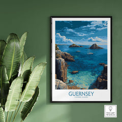 Guernsey Print Channel Islands Coast Art | Rocky Shore Sailing Poster featuring a sailboat near a rocky shoreline.