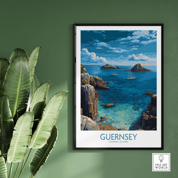 Guernsey Print Channel Islands Coast Art | Rocky Shore Sailing Poster showcasing a sailboat near rocky shores and blue waters.