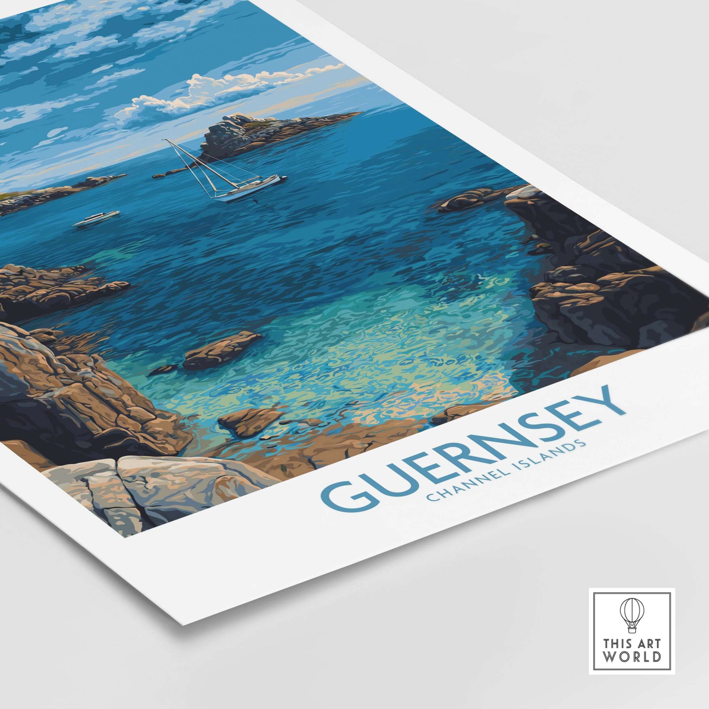 Guernsey Print Channel Islands Coast Art | Rocky Shore Sailing Poster showcasing a sailboat in tranquil waters.
