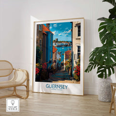 Guernsey St Peter Port Castle Cornet Art Print | Colourful Town Poster displayed in a stylish interior.