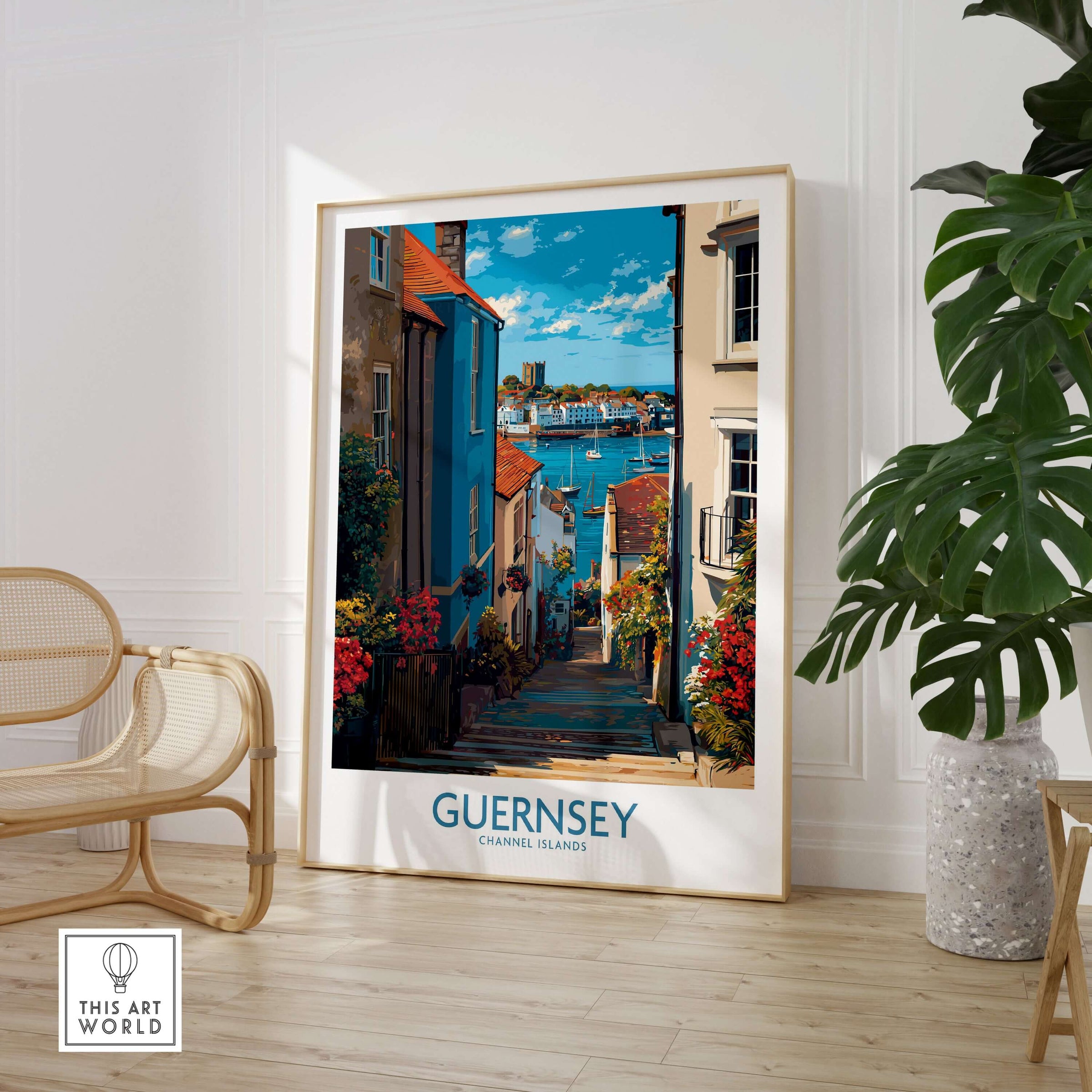 Guernsey St Peter Port Castle Cornet Art Print | Colourful Town Poster displayed in a stylish interior.