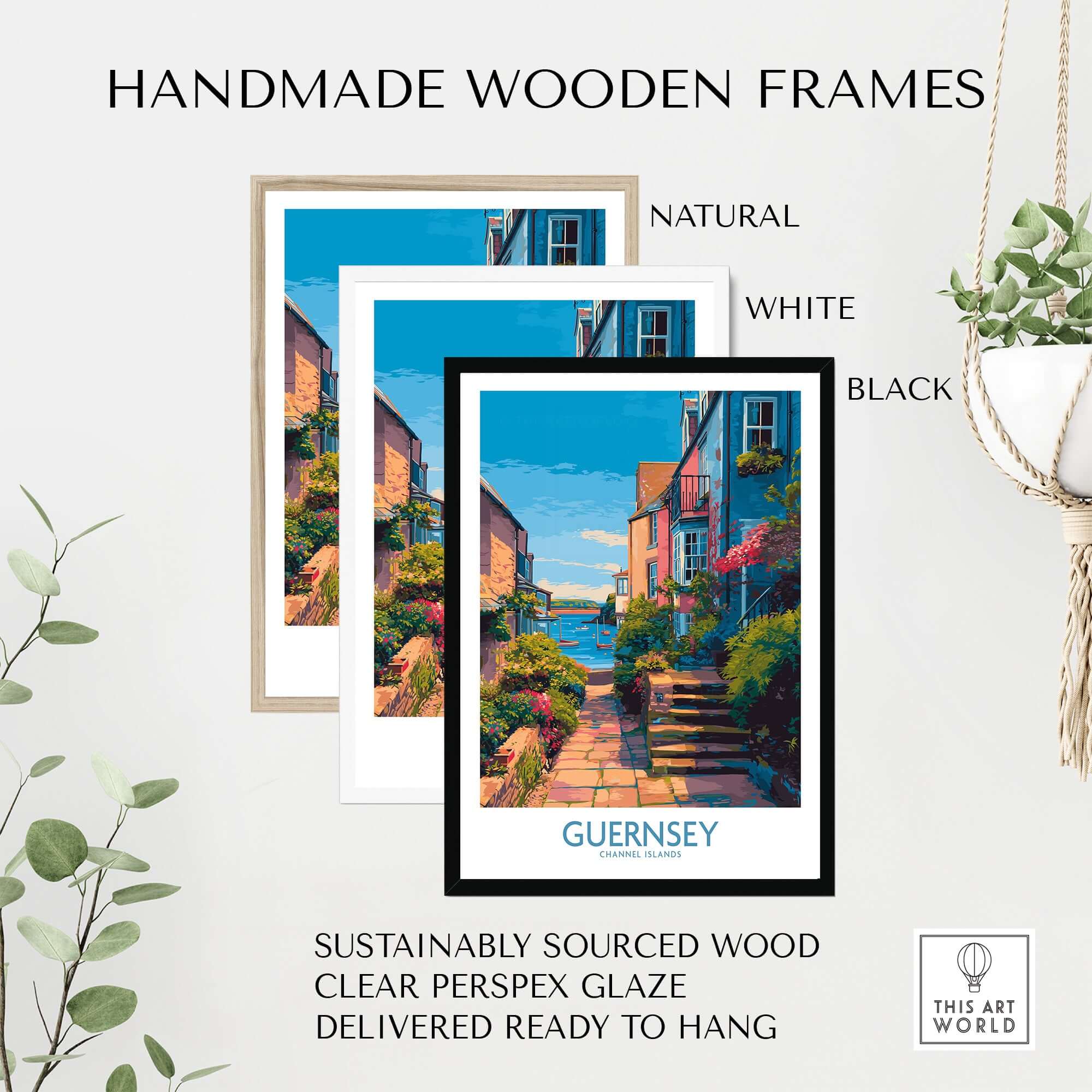 Guernsey Poster - Channel Islands Art Print | Harbour View displayed in natural, white, and black handmade wooden frames.