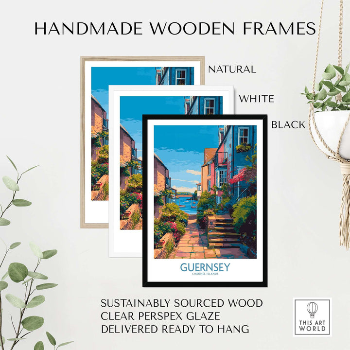 Guernsey Poster - Channel Islands Art Print | Harbour View displayed in handmade wooden frames in natural, white, and black.