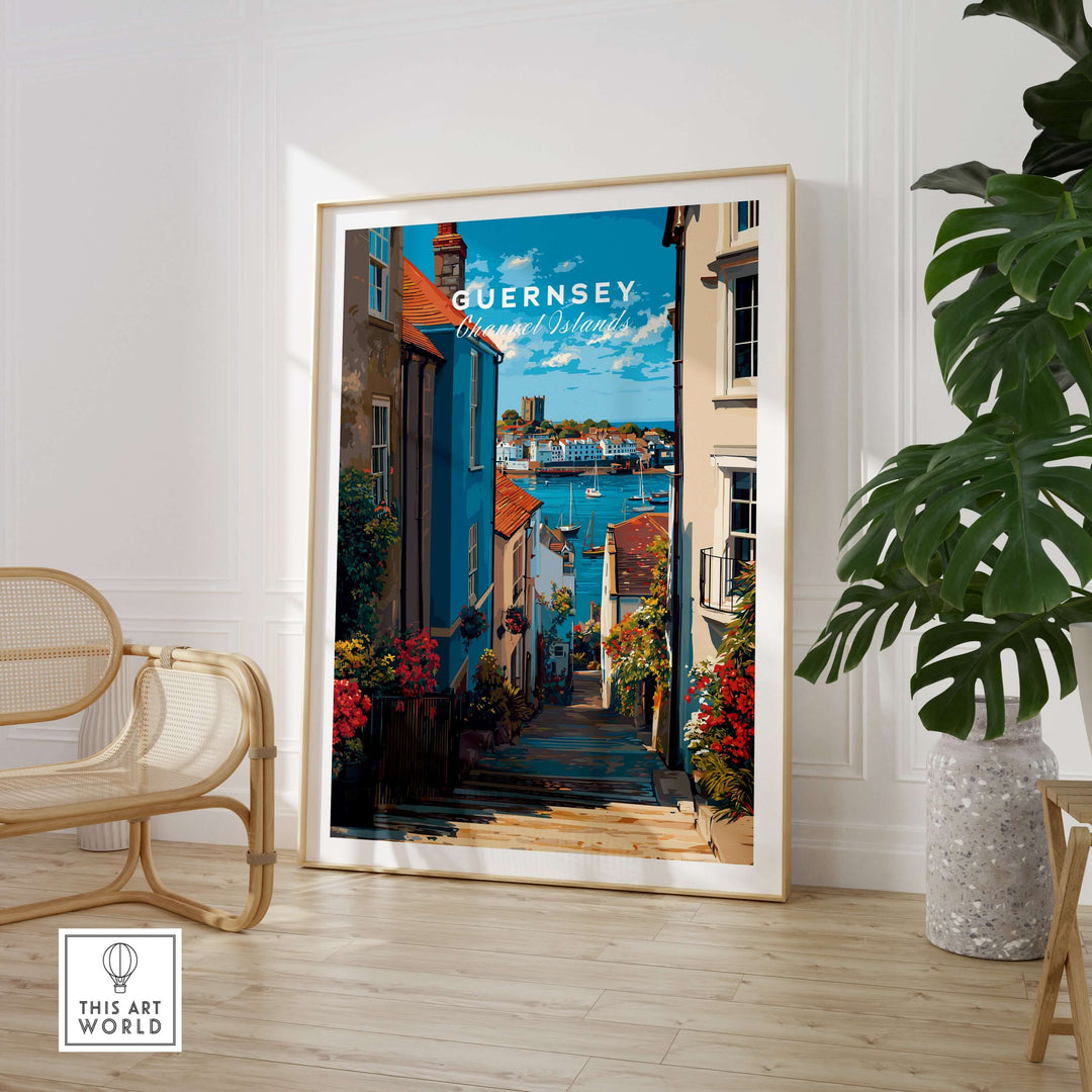 Guernsey Channel Islands Harbour Print | British Seaside Decor displayed in a bright interior with coastal scenery.