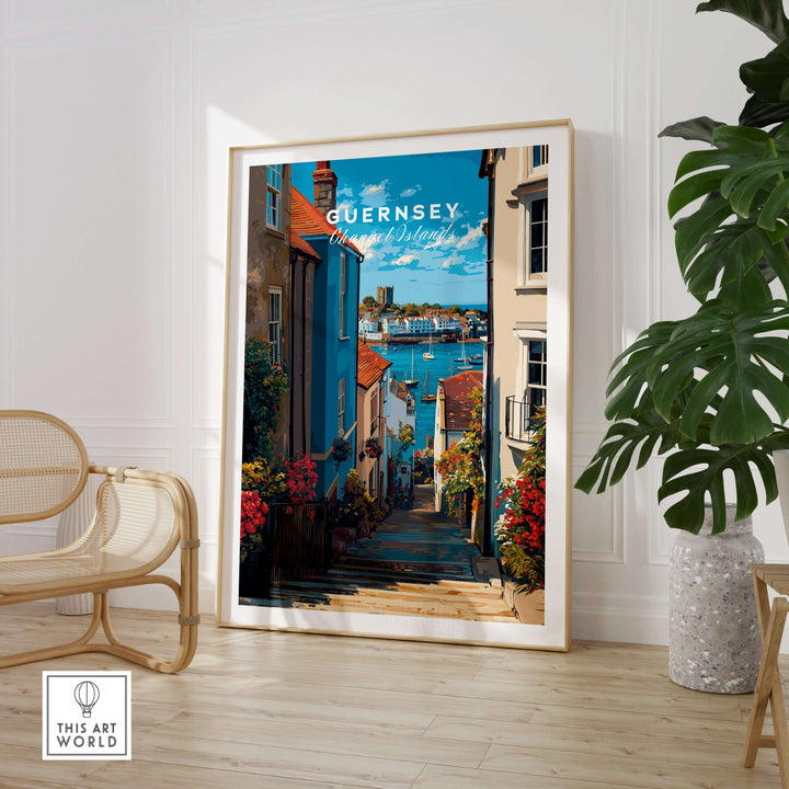 Guernsey Channel Islands Harbour Print | British Seaside Decor displayed in a bright interior with coastal scenery.