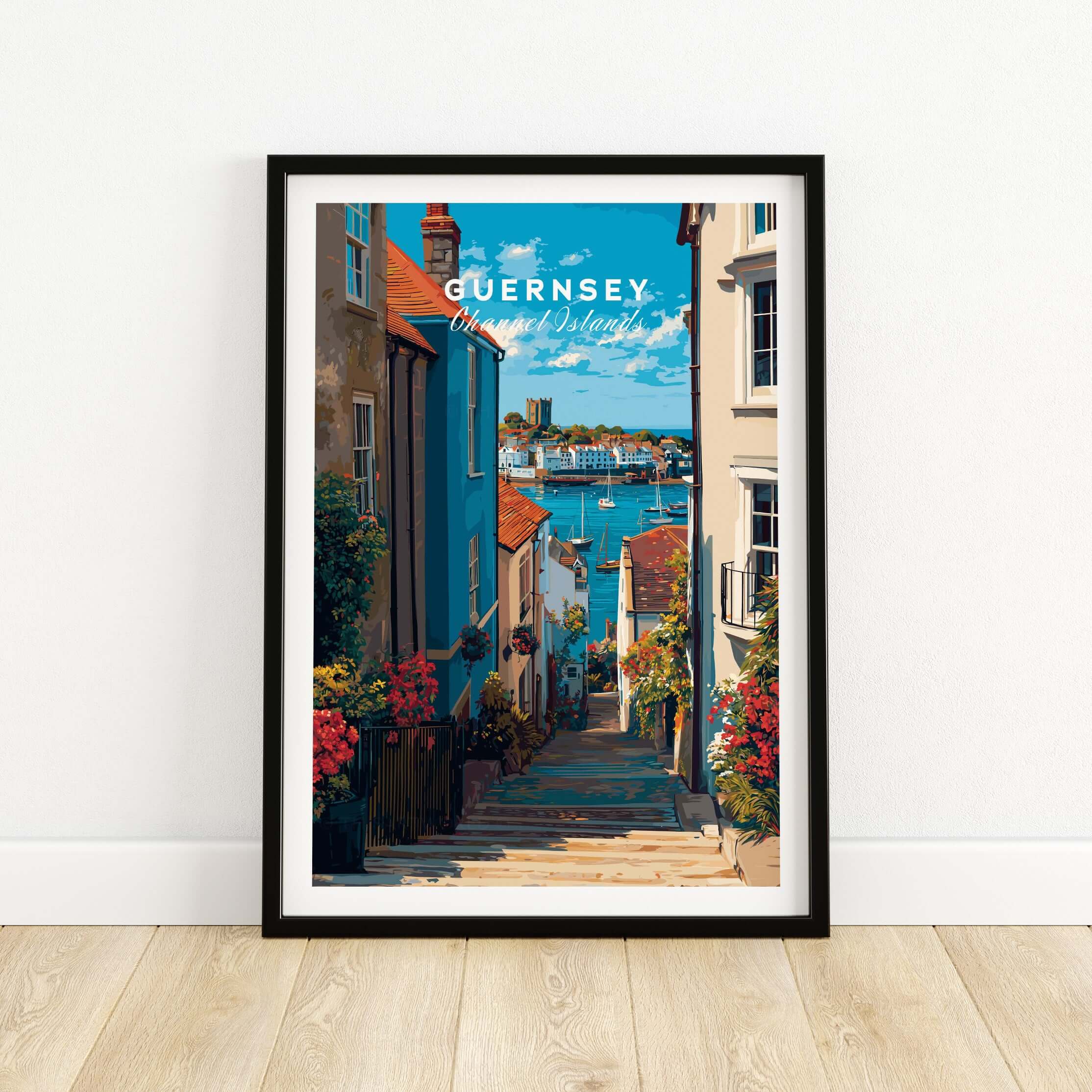 Guernsey Channel Islands Harbour Print | British Seaside Decor showcasing a charming harbor view and coastal landscape.