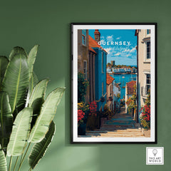 Guernsey Channel Islands Harbour Print | British Seaside Decor featuring a scenic view of the harbor and colorful buildings.