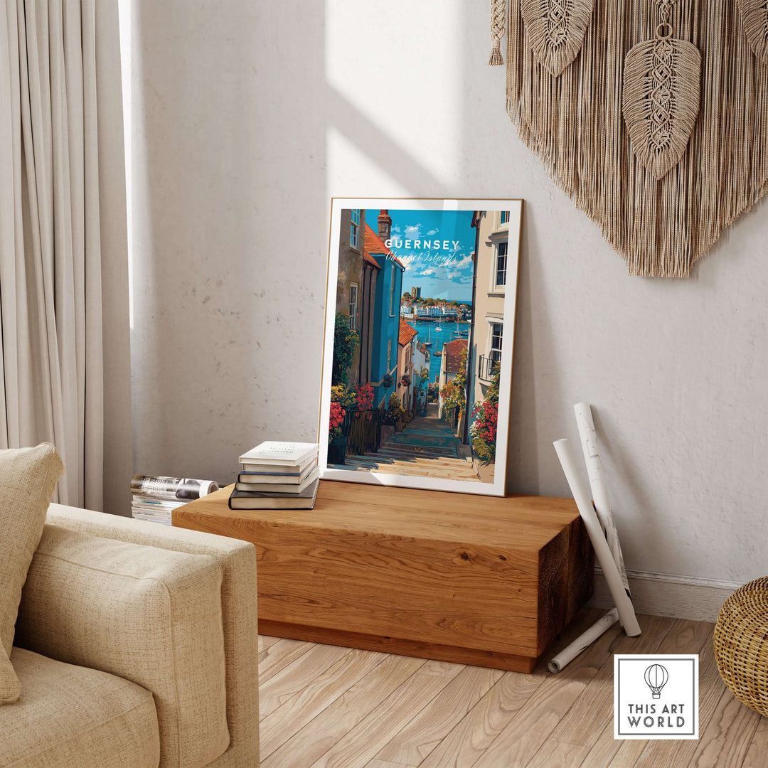 Guernsey Channel Islands Harbour Print | British Seaside Decor displayed in a cozy living room setting.