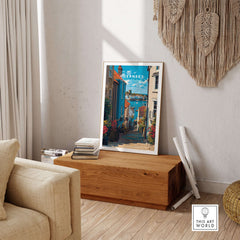 Guernsey Channel Islands Harbour Print | British Seaside Decor displayed in a cozy living room setting.