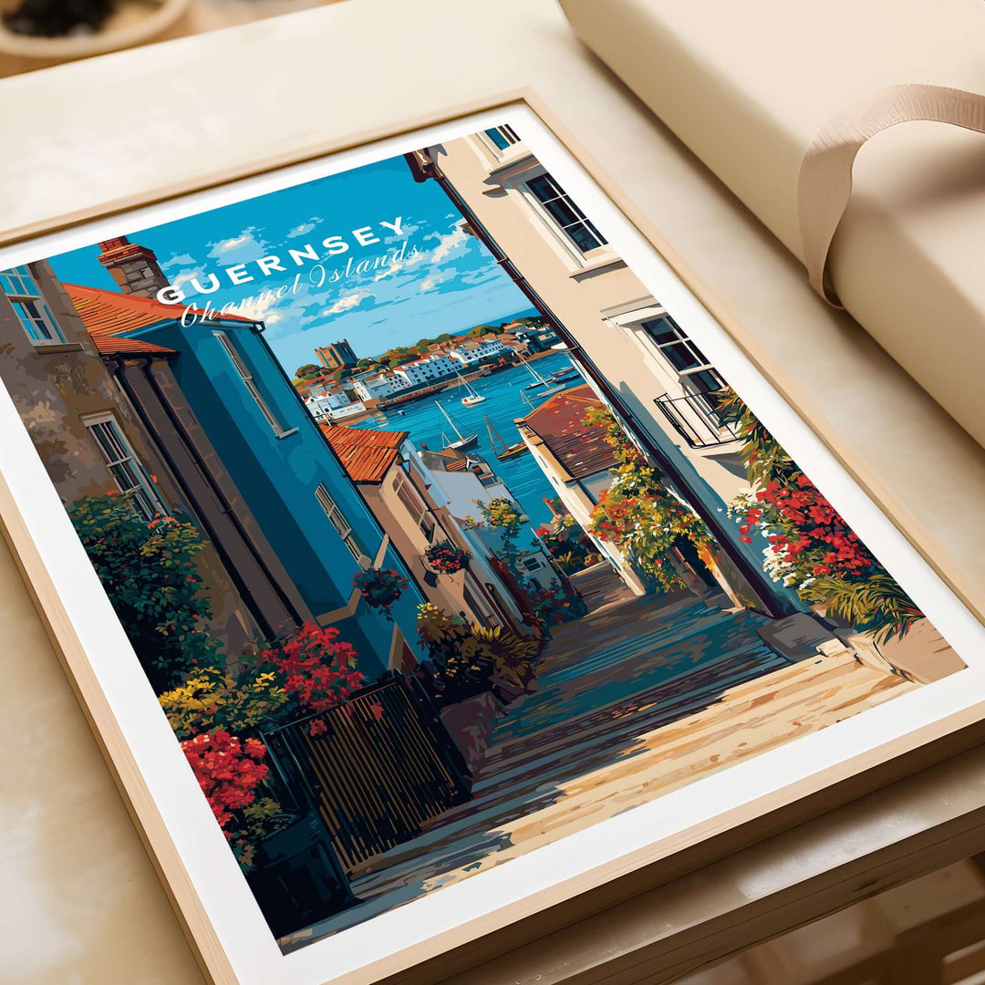 Guernsey Channel Islands Harbour Print | British Seaside Decor framing a picturesque coastal view with colorful buildings and flowers.