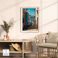 Guernsey Channel Islands Harbour Print | British Seaside Decor showcased in a serene living room setting.