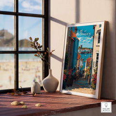 Guernsey Channel Islands Harbour Print | British Seaside Decor displayed in a cozy home setting with a scenic view.