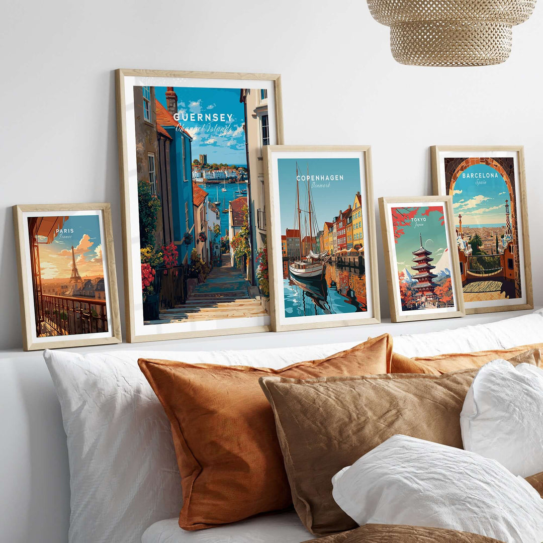 Guernsey Channel Islands Harbour Print | British Seaside Decor displayed in a cozy living room setting.