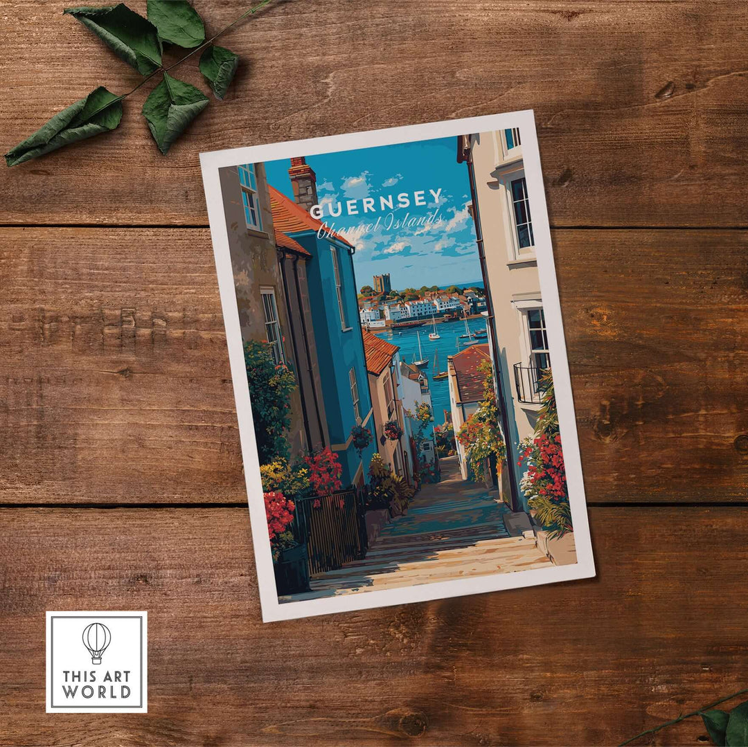 Guernsey Channel Islands Harbour Print | British Seaside Decor showcasing a charming street view in Guernsey.