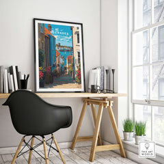 Guernsey Channel Islands Harbour Print | British Seaside Decor in a stylish interior space with a black chair.
