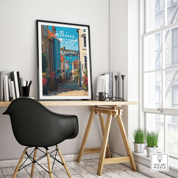 Guernsey Channel Islands Harbour Print | British Seaside Decor framed on wall in modern interior with desk and chair.