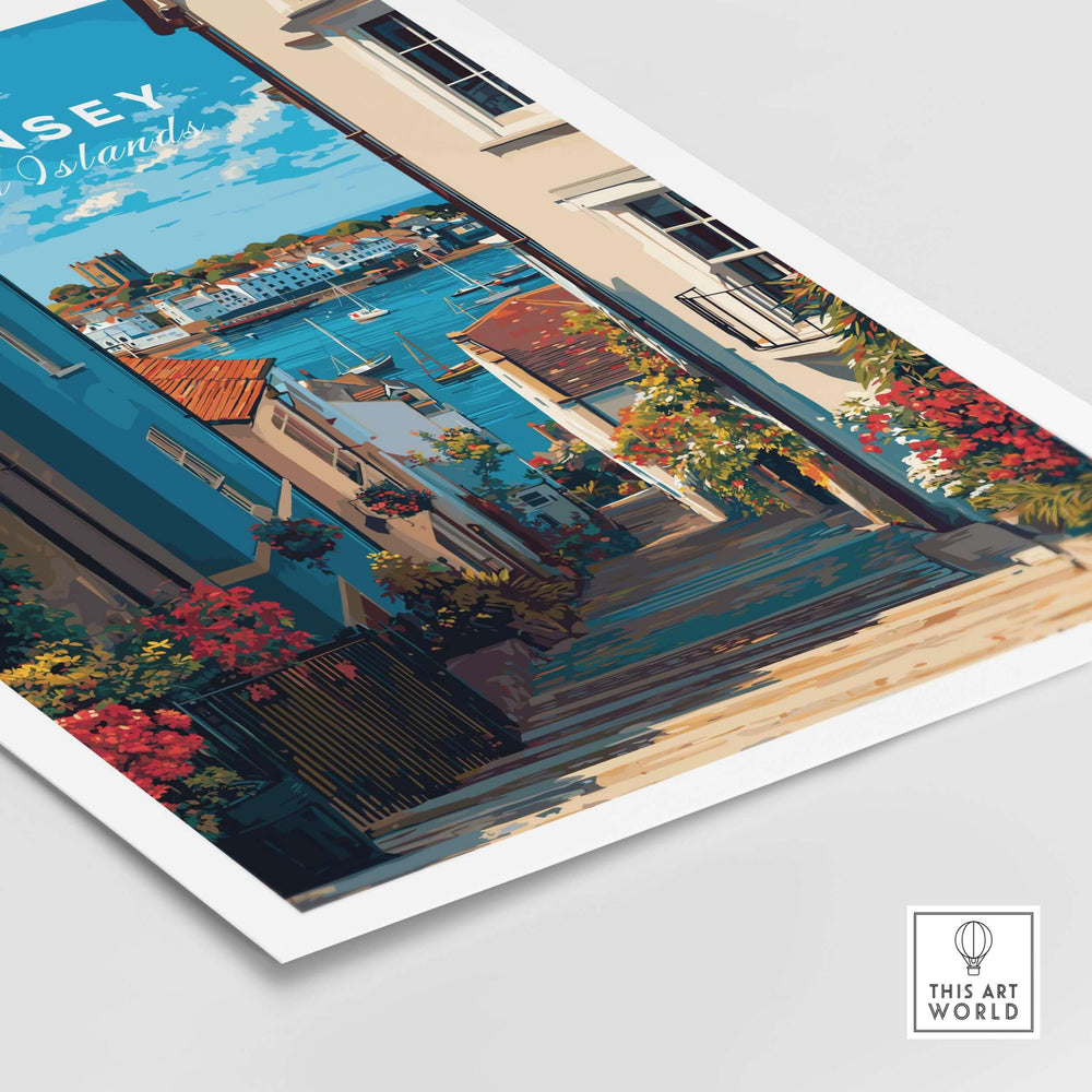 Guernsey Channel Islands Harbour Print | British Seaside Decor featuring vibrant harbor views and colorful coastal scenery.