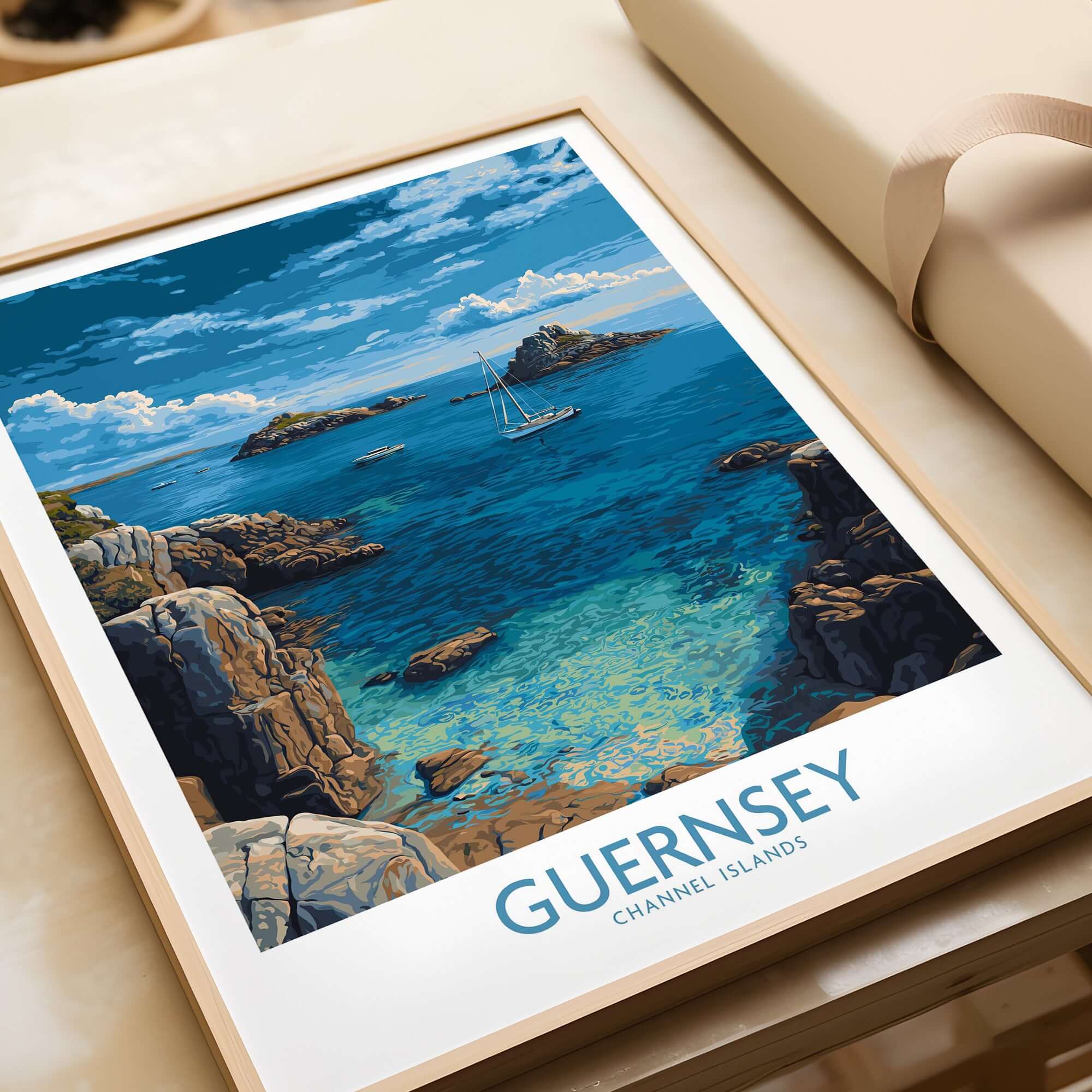 Guernsey Print Channel Islands Coast Art | Rocky Shore Sailing Poster framed on a table with rocky coastline and sailboat.