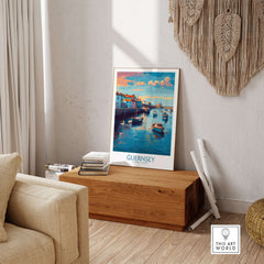 Guernsey Channel Islands Sunset Marina Art Print | Port Boat Reflections Poster displayed in a cozy living room setting.