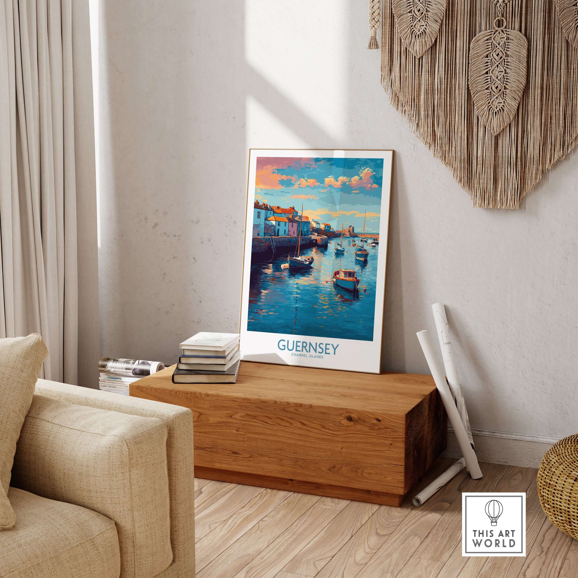 Guernsey Channel Islands Sunset Marina Art Print | Port Boat Reflections Poster displayed in a cozy living room setting.