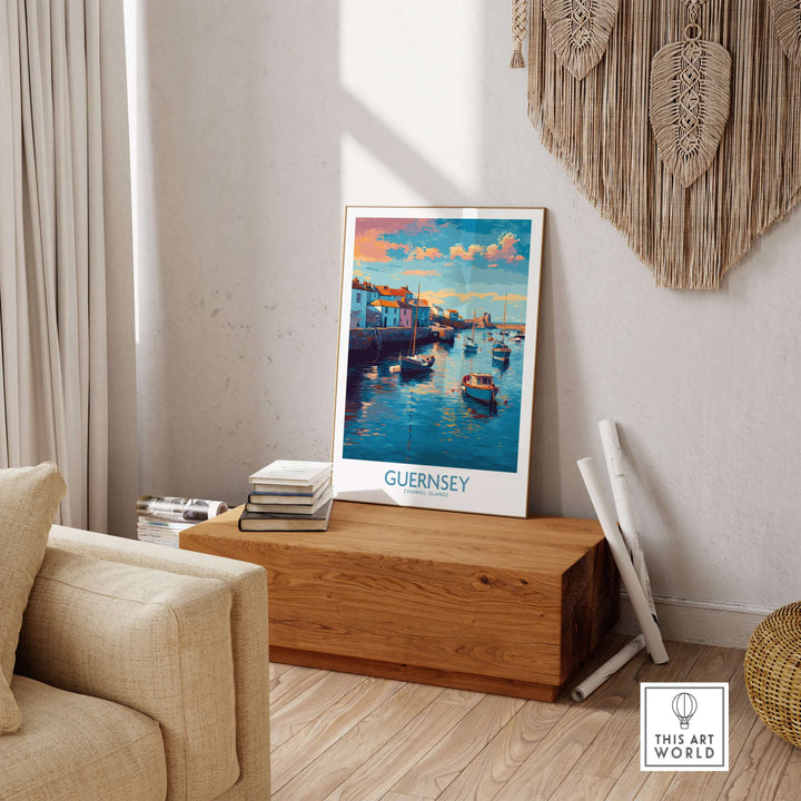 Guernsey Channel Islands Sunset Marina Art Print | Port Boat Reflections Poster displayed in a cozy indoor setting.