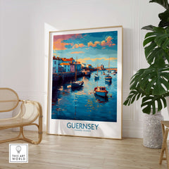 Guernsey Channel Islands Sunset Marina Art Print | Port Boat Reflections Poster displayed in a stylish home setting.