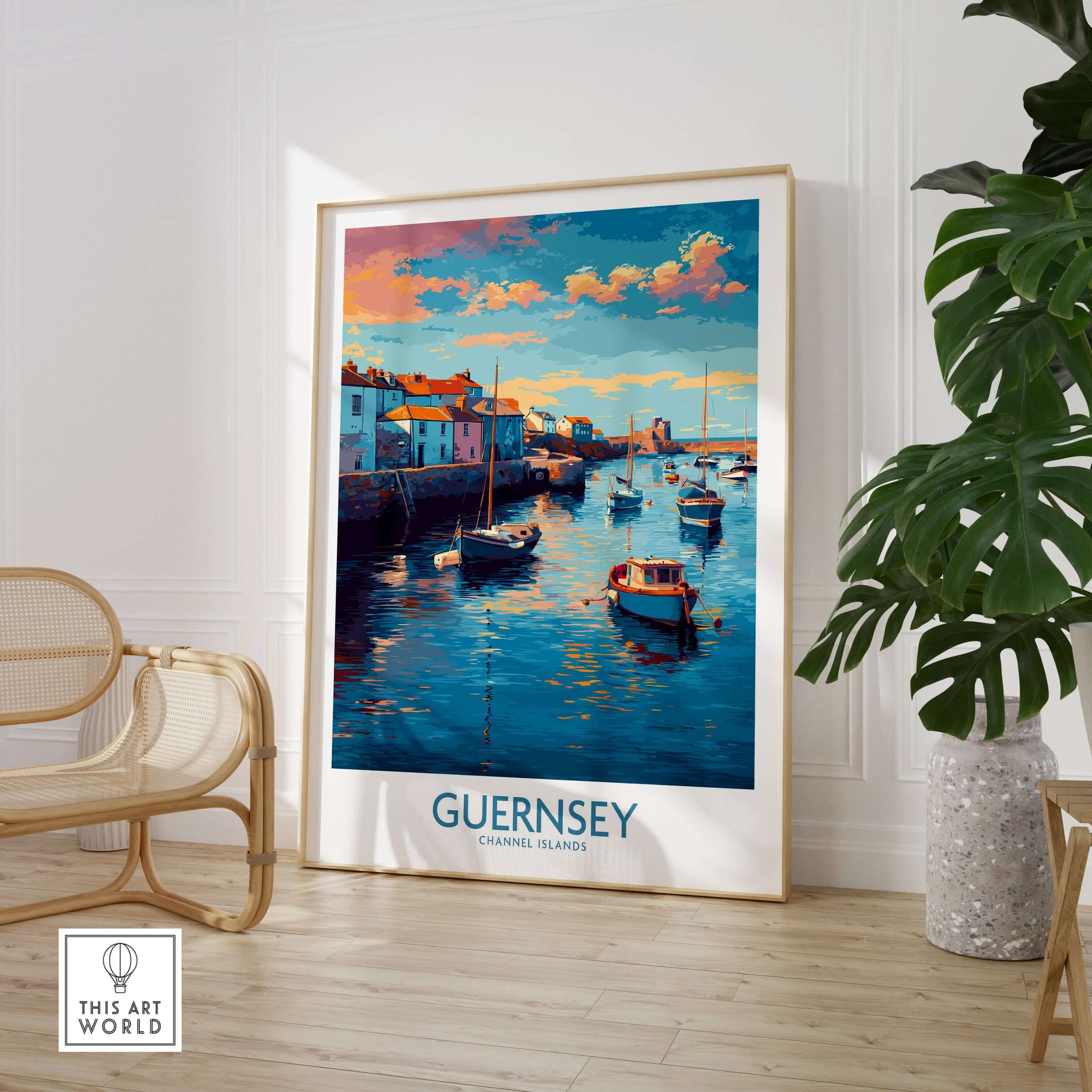Guernsey Channel Islands Sunset Marina Art Print | Port Boat Reflections Poster displayed in a stylish home setting.