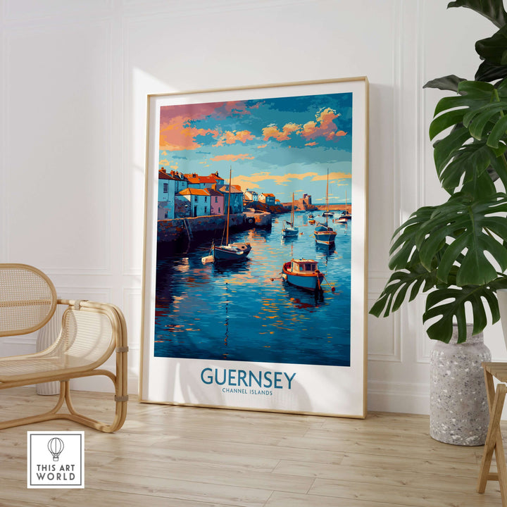 Guernsey Channel Islands Sunset Marina Art Print | Port Boat Reflections Poster displayed in a stylish interior setting.