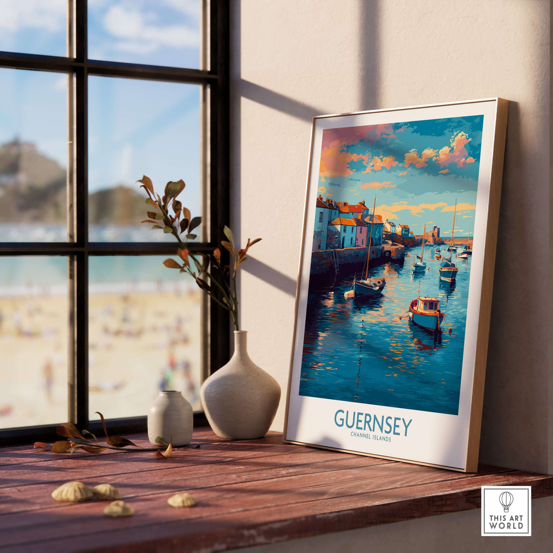 Guernsey Channel Islands Sunset Marina Art Print | Port Boat Reflections Poster displayed on a shelf near a window.