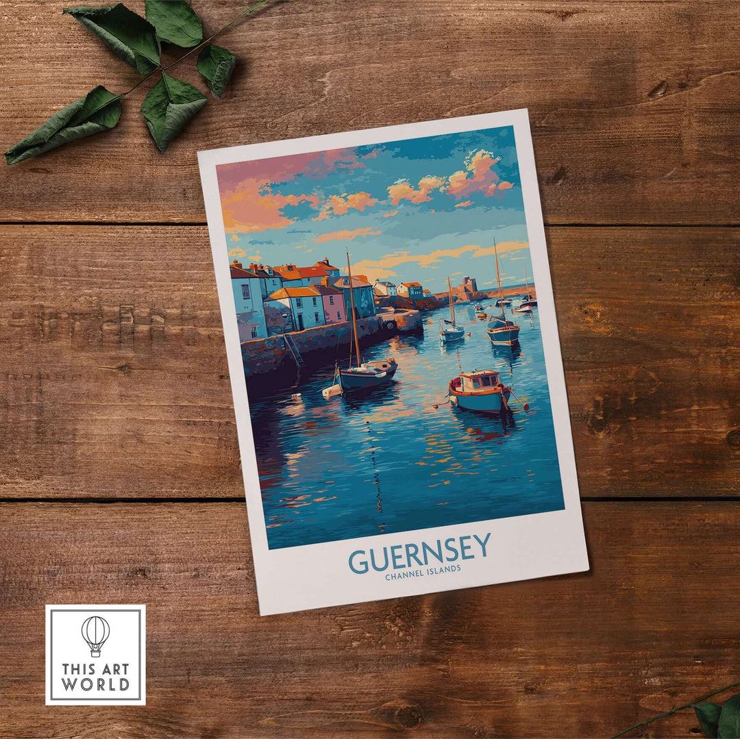 Guernsey Channel Islands Sunset Marina Art Print | Port Boat Reflections Poster featuring vibrant marina scene.
