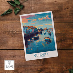 Guernsey Channel Islands Sunset Marina Art Print | Port Boat Reflections Poster showcasing boats in marina.