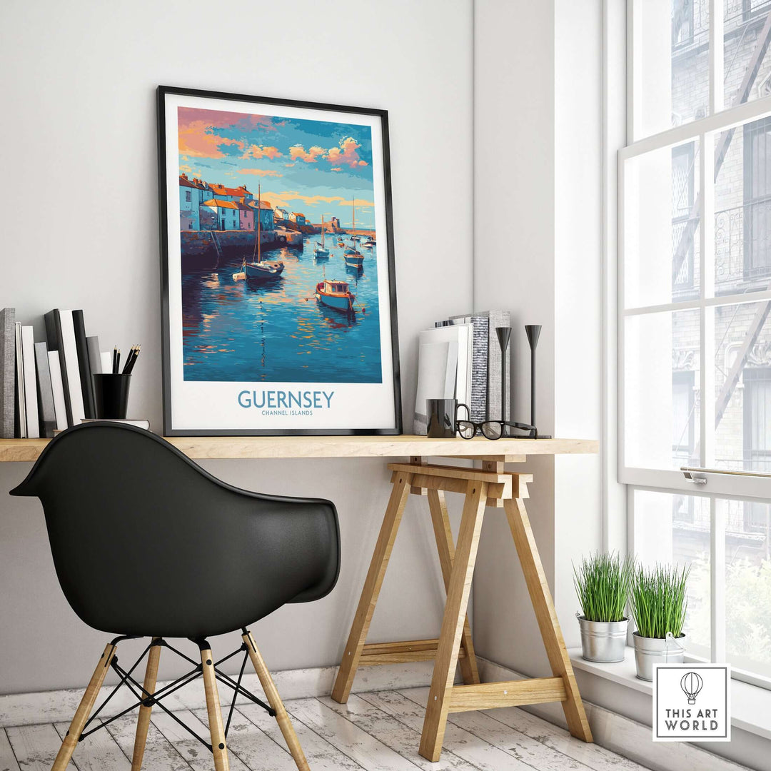 Guernsey Channel Islands Sunset Marina Art Print | Port Boat Reflections Poster displayed in a modern interior setting.