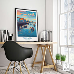 Guernsey Channel Islands Sunset Marina Art Print | Port Boat Reflections Poster displayed in a modern home office setting.
