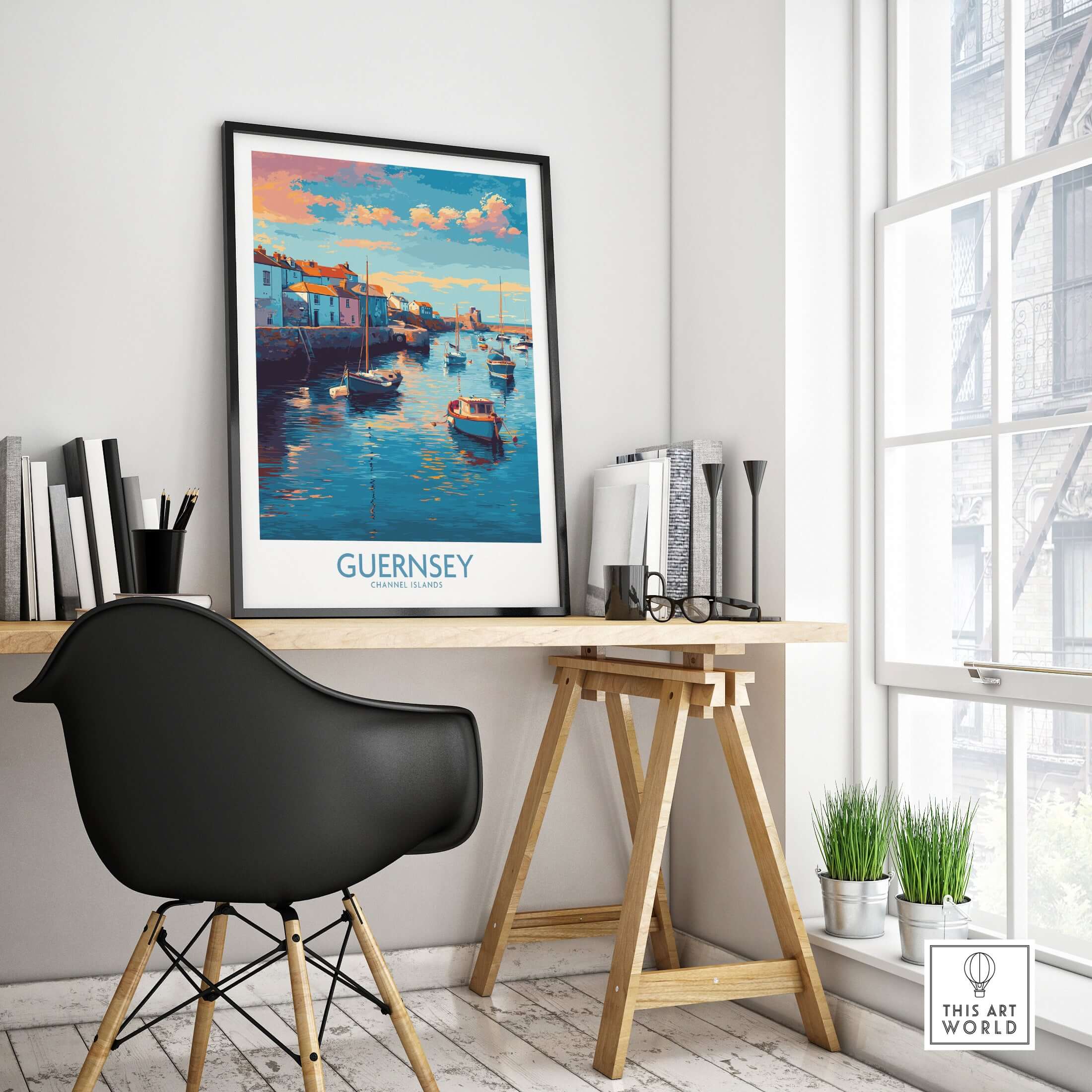 Guernsey Channel Islands Sunset Marina Art Print | Port Boat Reflections Poster displayed in a modern home office setting.