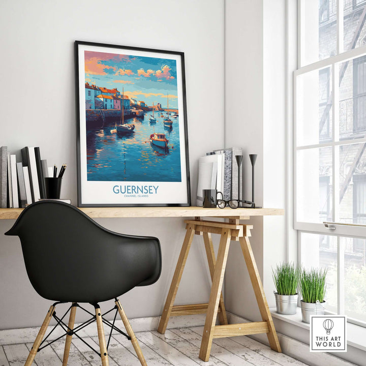 Guernsey Channel Islands Sunset Marina Art Print | Port Boat Reflections Poster displayed in a modern interior setting.