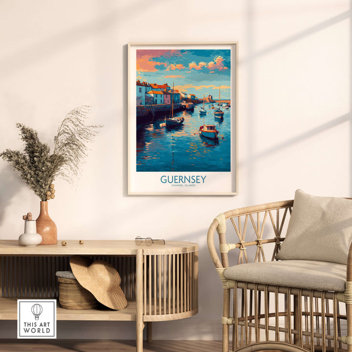 Guernsey Channel Islands Sunset Marina Art Print | Port Boat Reflections Poster framed in a stylish living room setting.