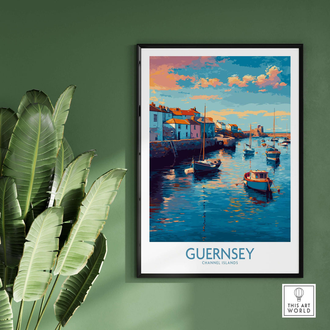 Guernsey Channel Islands Sunset Marina Art Print | Port Boat Reflections Poster on a green wall with plants.