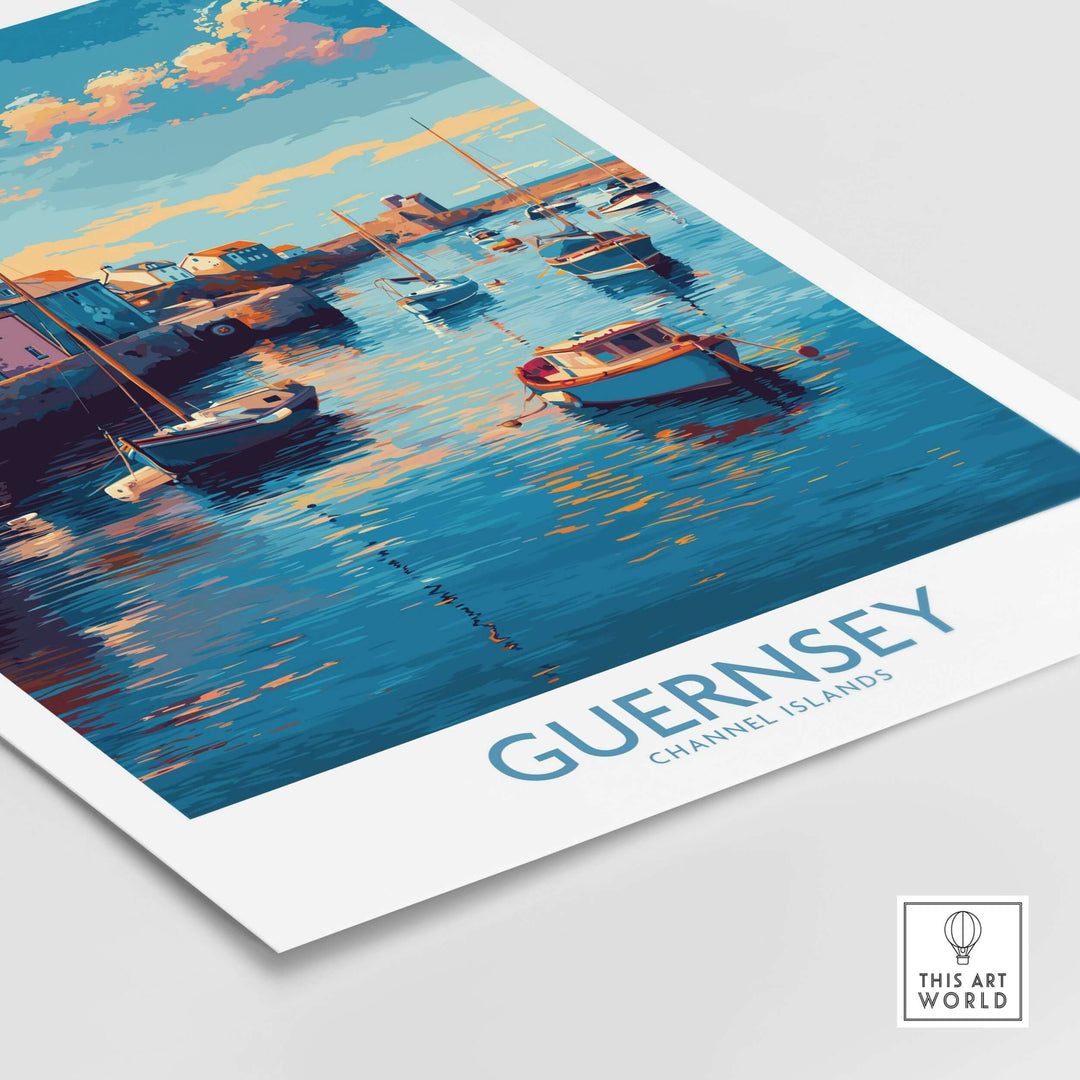 Guernsey Channel Islands Sunset Marina Art Print | Port Boat Reflections Poster featuring colorful boats and a serene harbor.