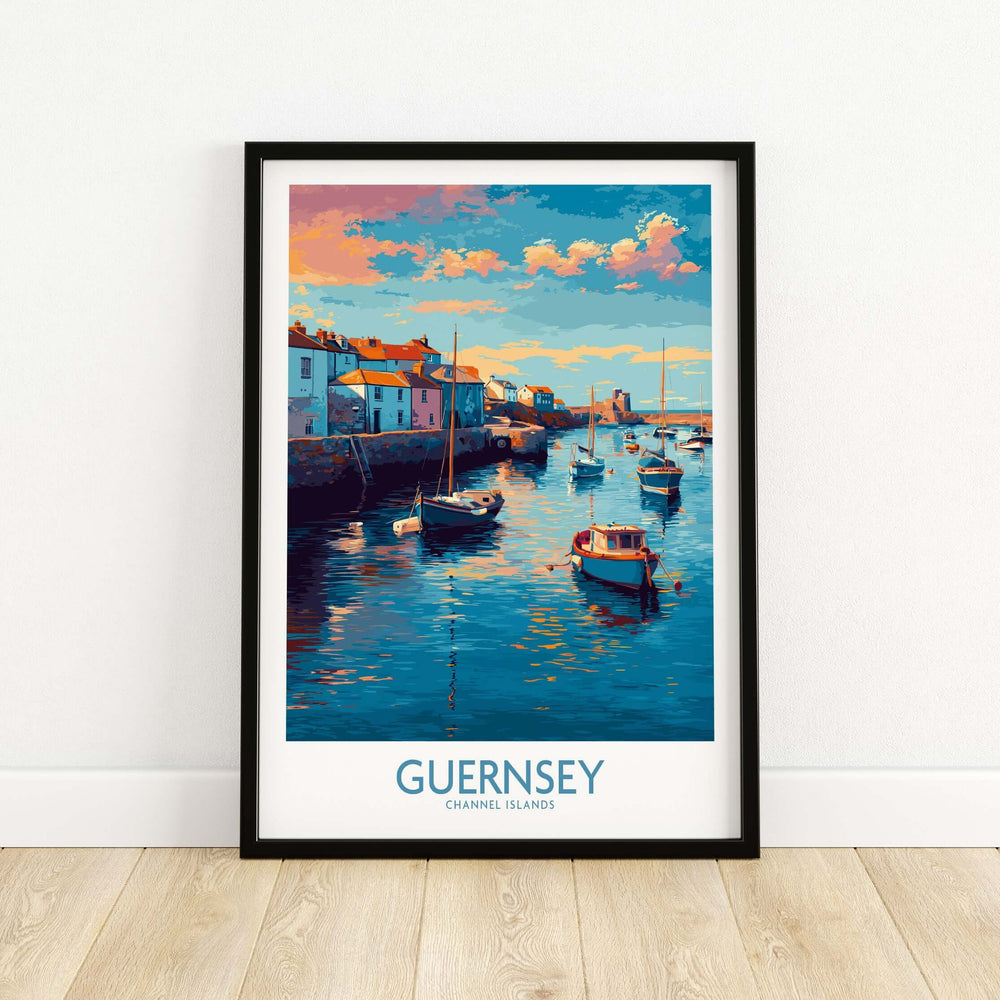 Guernsey Channel Islands Sunset Marina Art Print | Port Boat Reflections Poster displayed in a modern frame on a light wall.
