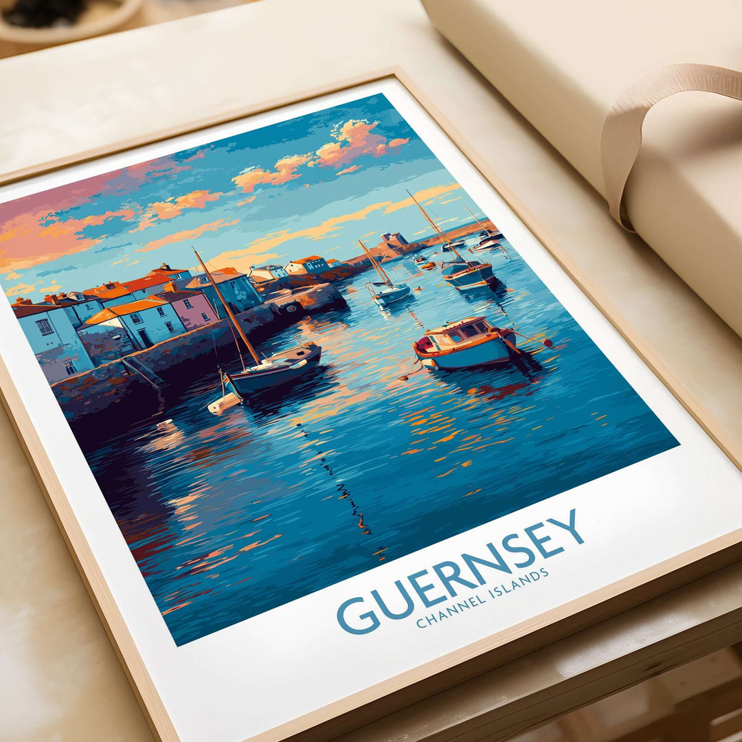 Guernsey Channel Islands Sunset Marina Art Print | Port Boat Reflections Poster showcasing boats and reflections in tranquil waters.