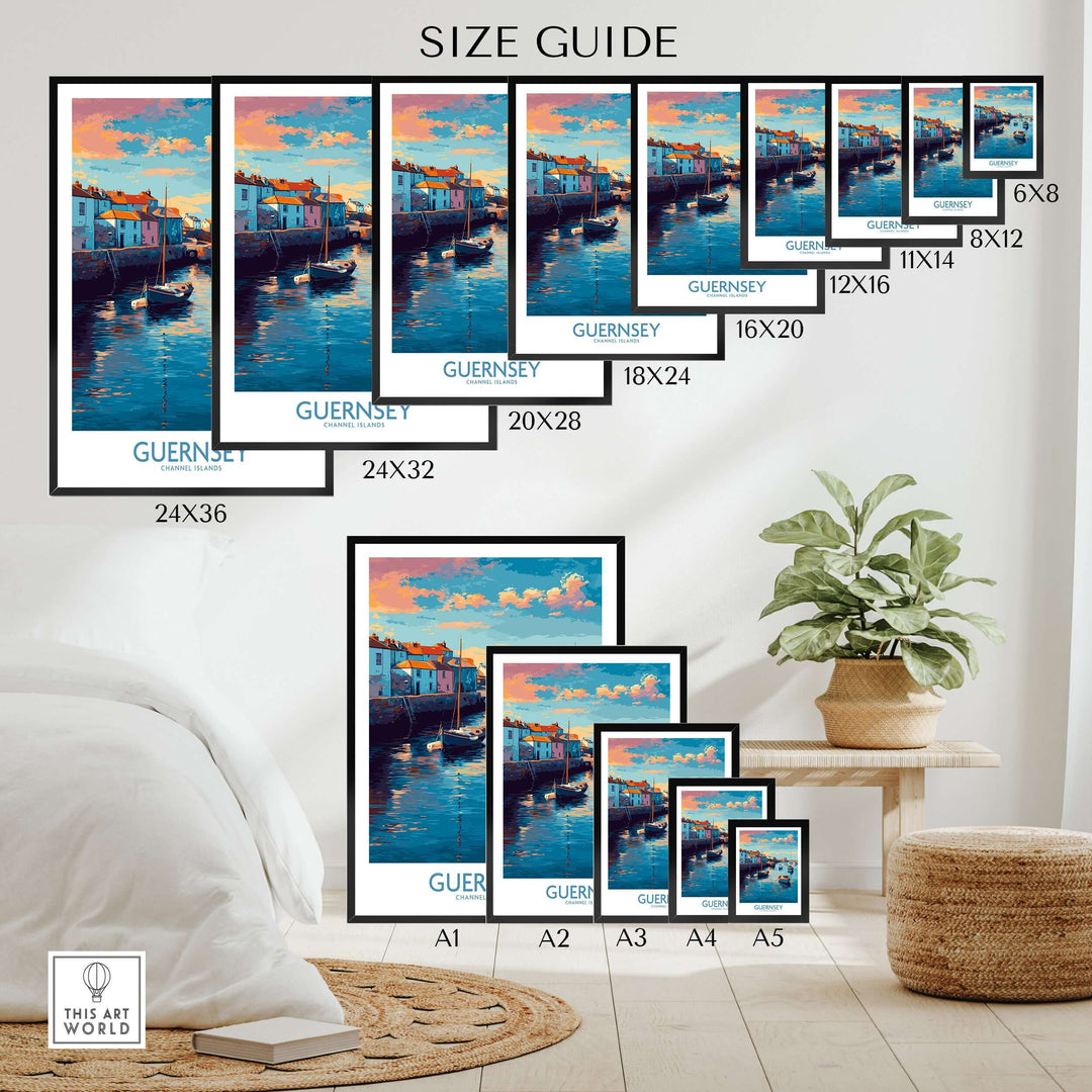 Guernsey Channel Islands Sunset Marina Art Print | Port Boat Reflections Poster size guide showcasing various dimensions.
