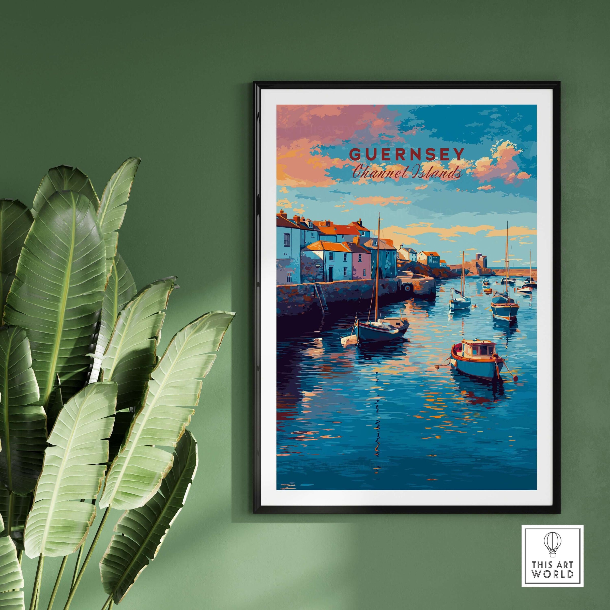 Guernsey Coastal Harbour Sunset  Print | Channel Islands Wall Art displayed on a green wall with plants.