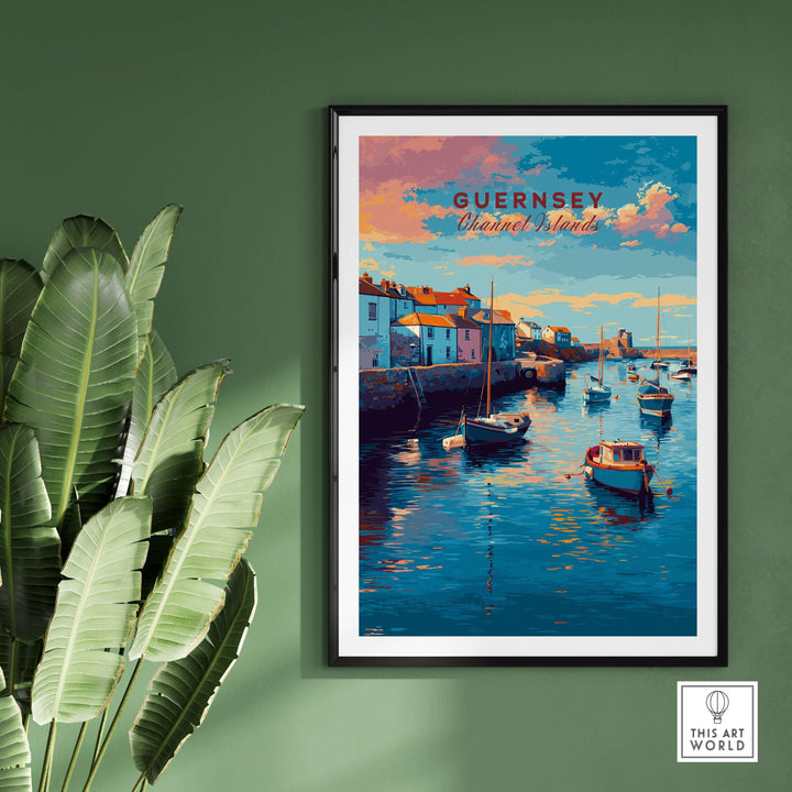 Guernsey Coastal Harbour Sunset Print | Channel Islands Wall Art framed on a green wall with plants.